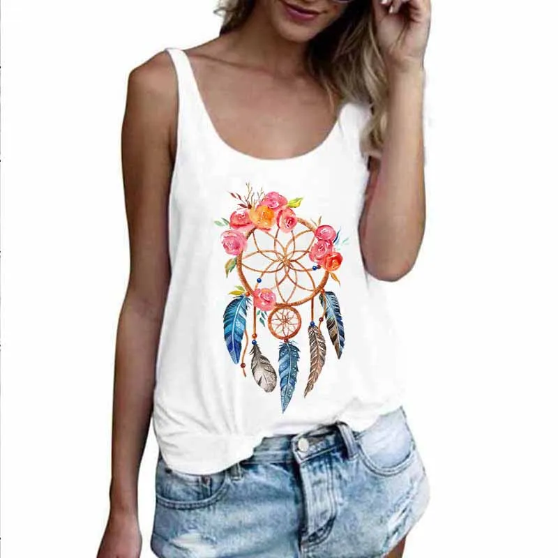Sexy Tops Summer Harajuku Sleeveless Camisole Tank Vest Feathers Dream Catcher Print Casual Loose Women Female T-Shirt 90s | Женская