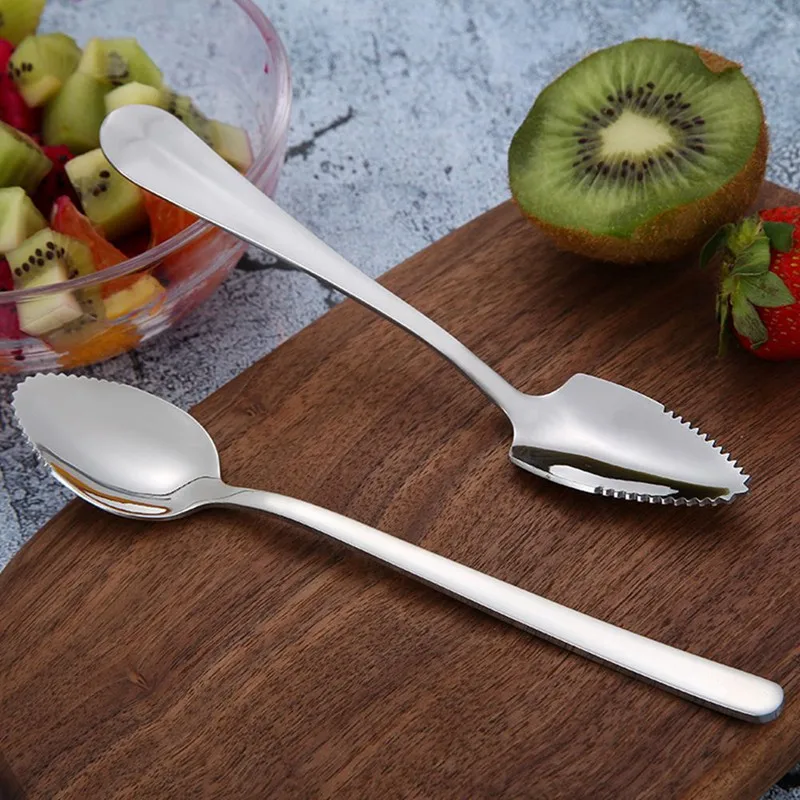 

Stainless Steel Grapefruit Apple Fruit Spoons Puree Long Handle Multi-functional Baby Food Prepare Tool Sawtooth Scraper Spoon