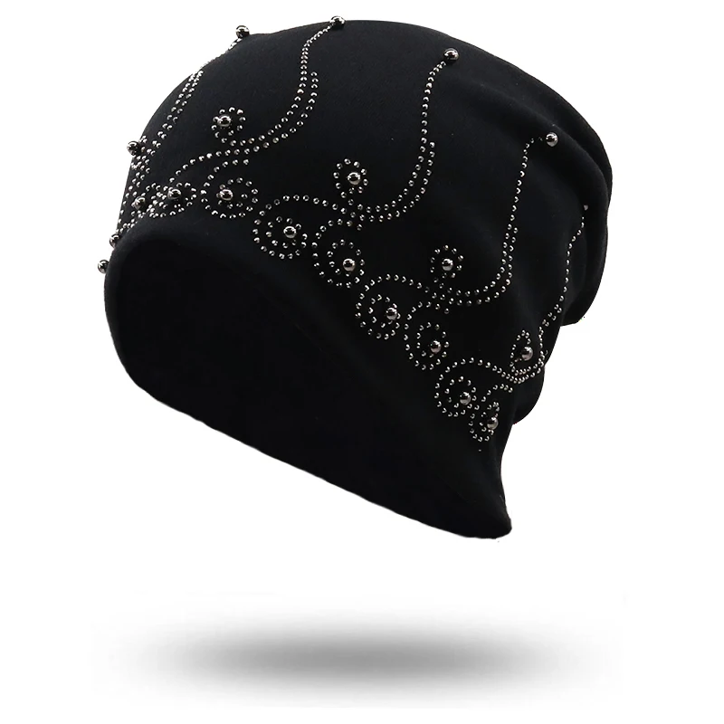 

Brand Women's Beanie Hat Casual Polyester Shine Pearls&Rhinestones Beanies For Women Skull Beanie Hats Bonnet For Female