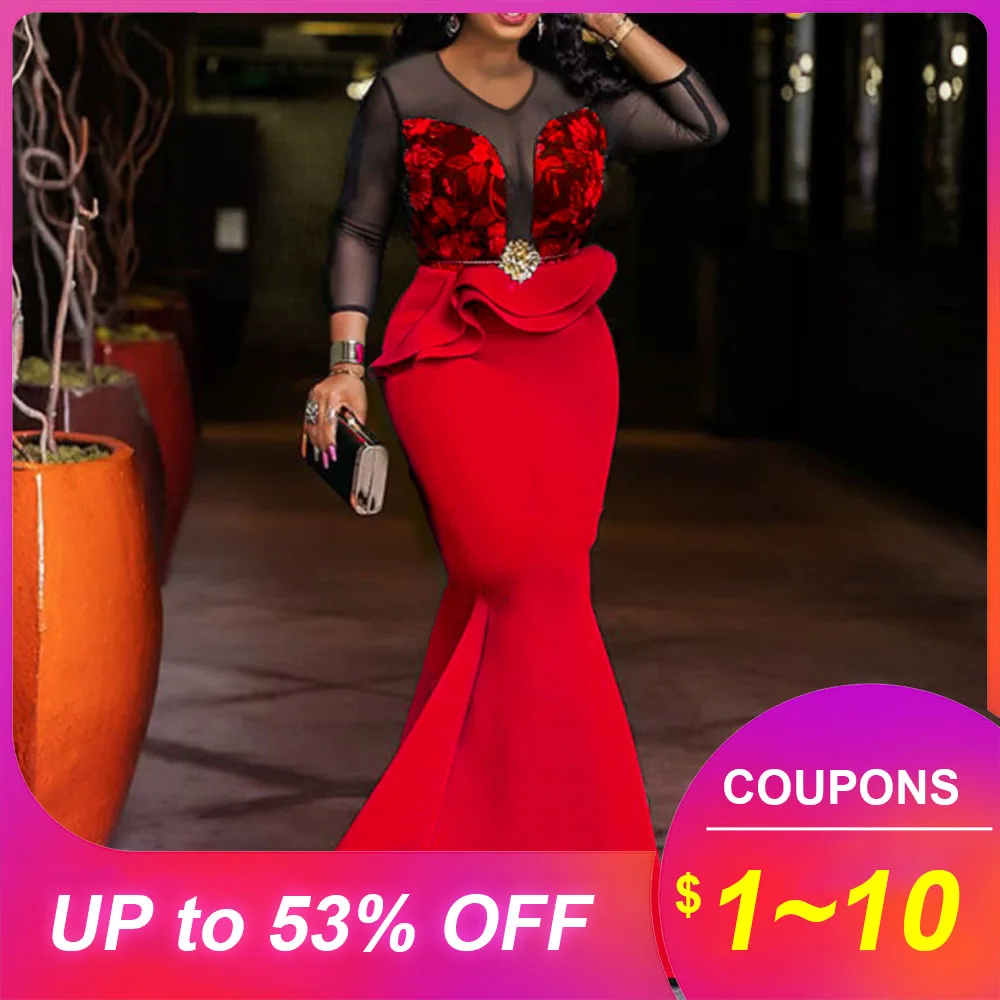 Женское длинное платье Русалка зеленого и красного цвета вечерние платья в