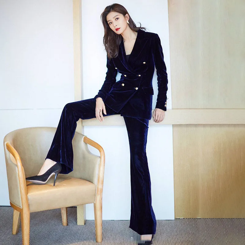 

2021 Winter High Quality Women's Pants Suit Professional Slim Gold Velvet Long Sleeve Women's Blazer Elegant Flared Pants