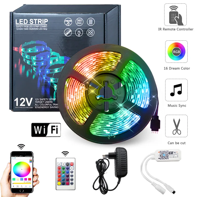 

LED Strip Light 5M 10M 15M 2835 SMD 5050 RGB LED Lights RGB Leds tape diode ribbon Flexible WiFi Controller DC 12V Adapter set