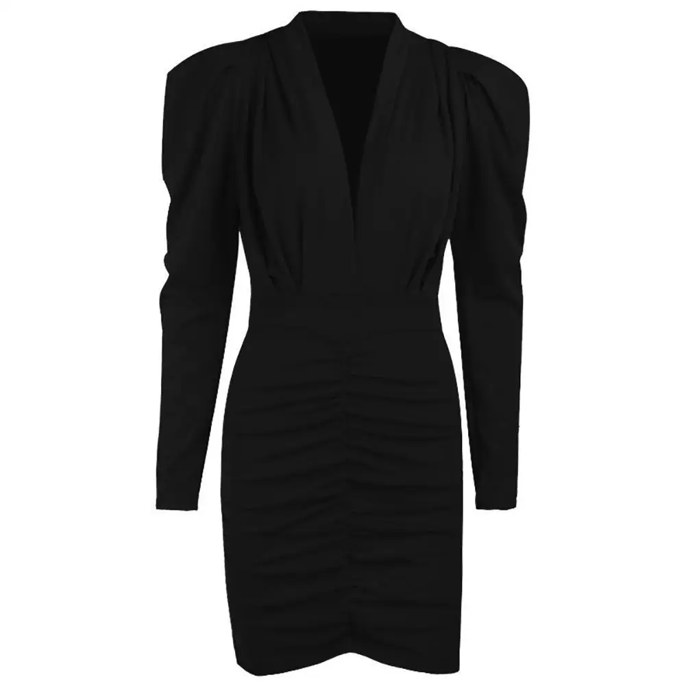 

Women Fashion Solid Color Ruched Deep V Neck Long Sleeve Party Bodycon Dress