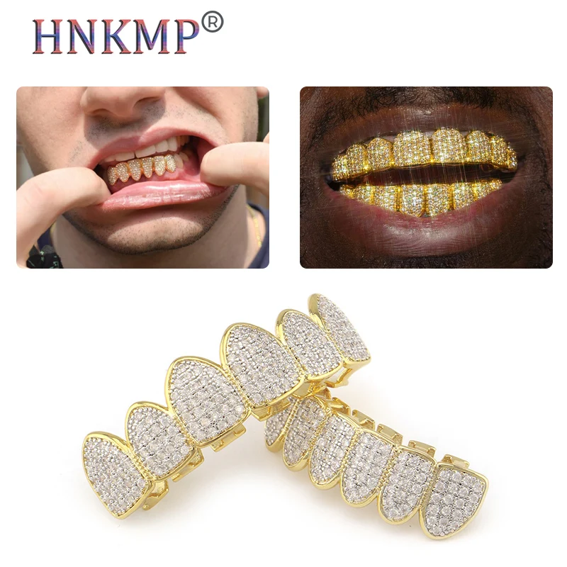 

Gold Silver Color Iced Out Hip Hop Teeth Grillz Micro Pave Cubic Zircon Top & Bottom Teeth Grills Set