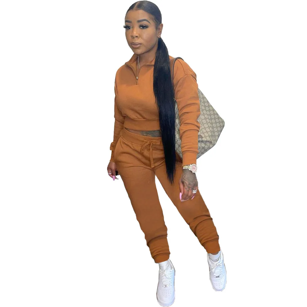 

S-2XL Wholesale Dropshipping 2021 Long Sleeve Zip Collar Crop Top & Pant Suits Sport Two Piece Set Winter Clothing For Women