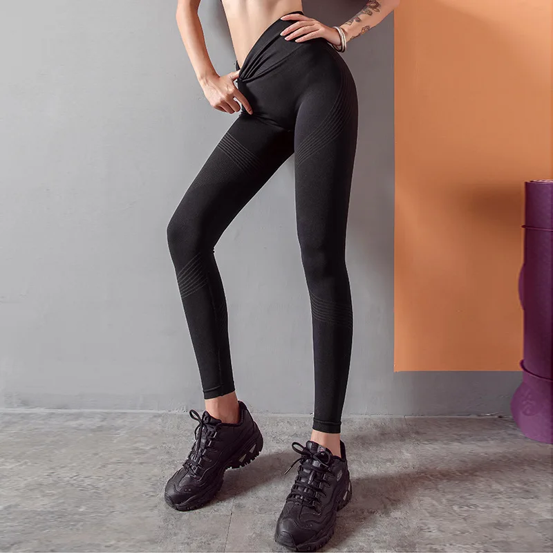 FY-112-Black Эластичные полосатые Бесшовные Леггинсы для йоги с высокой талией женские колготки для тренировок дышащая одежда для фитнеса тренировочные брюки женские 3 цвета - Цвет: FY-112-Black