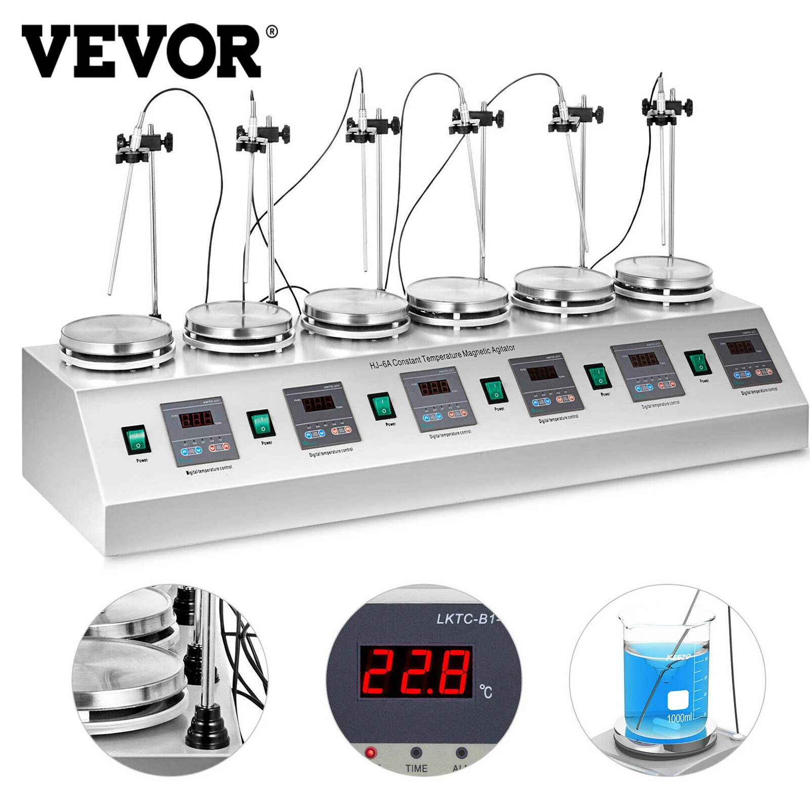 

VEVOR Electric Magnetic Stirrer Portable Blender with Heating Plate 85-1/2/4/6 Heads Multi Unit Digital Mixer Display for Lab