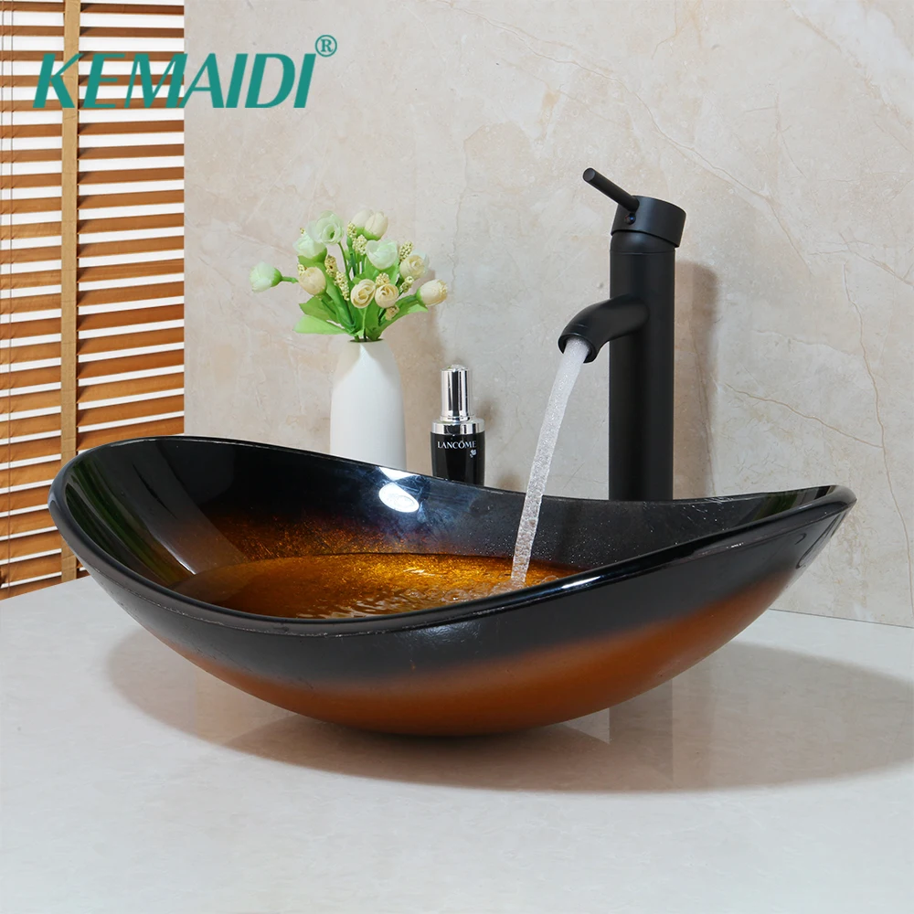 

KEMAIDI Yellow Brown Bathroom Tempered Glass Oval Wash Basin ORB Faucet Sink Combo Set Chrome Pop Up Sink Drain Faucet Set
