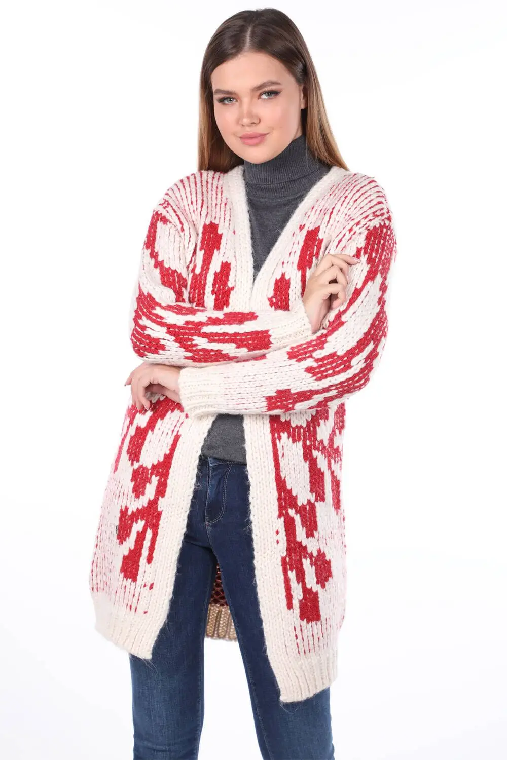 

Women's Red Snowflake Pattern Thick Knitwear Cardigan