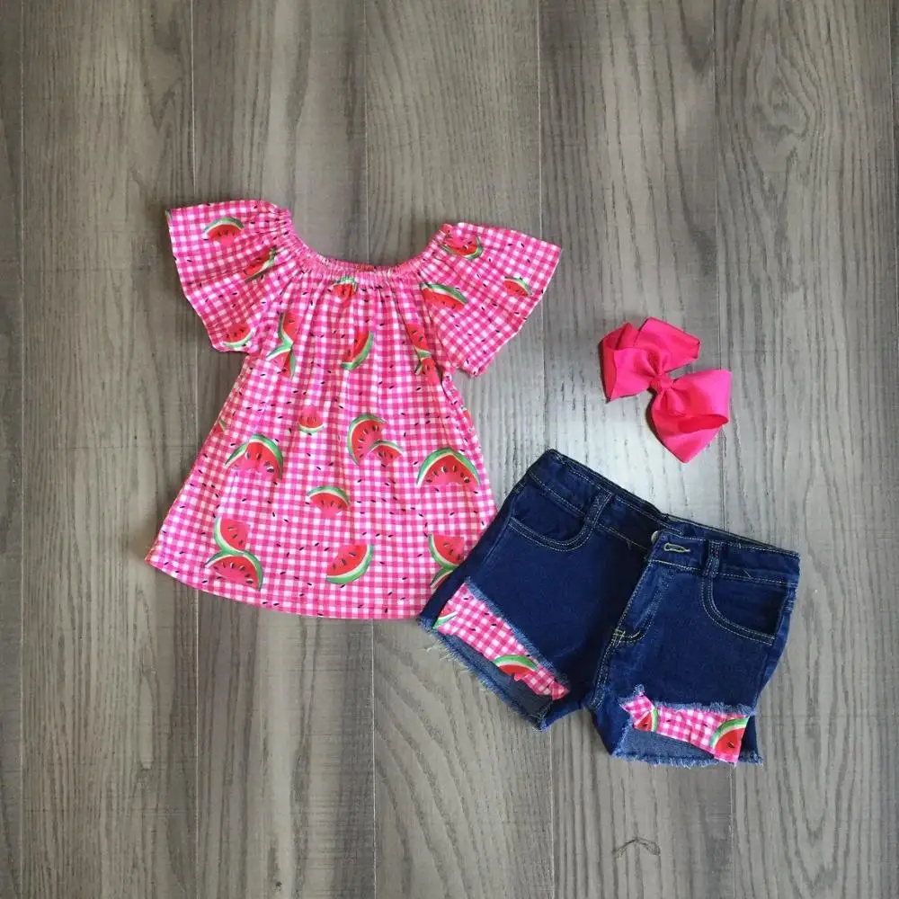 Летняя одежда для маленьких девочек Топ с принтом арбуза Джинсовые шорты Одежда