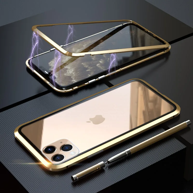 360 металлический чехол для iPhone 6, 7, 8 Plus, X, XR, XS MAX, чехол на магните, роскошный противоударный чехол из закаленного стекла для iPhone 11 Pro Max, чехол - Цвет: Gold