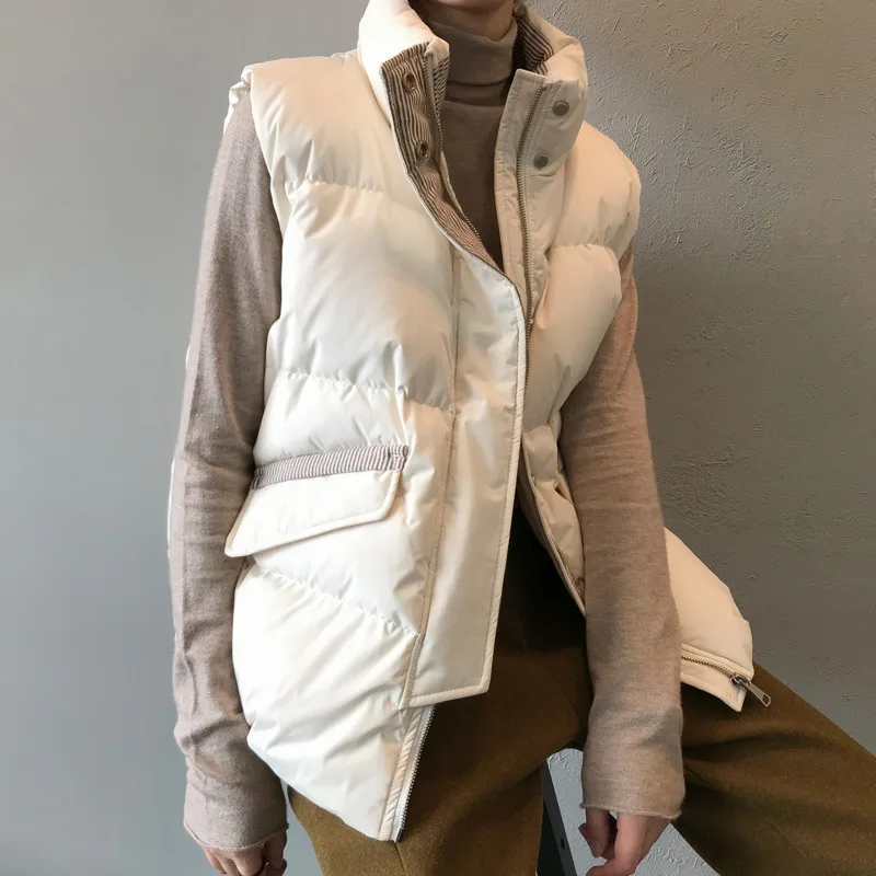 Striped Stand Collar Down Cotton Vest Coat For Women Zipper Padded Waistcoat Windproof Warm Drawstring 2020 Winter|Жилеты и
