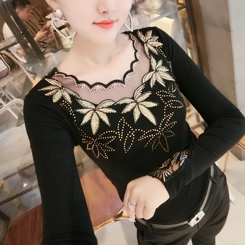 Новинка осени, женские Кружевные блузы с цветочной вышивкой, модные женские кружевные тонкие рубашки с круглым вырезом 6744 50 - Цвет: Черный