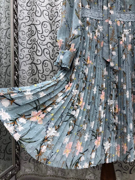 

Elegant Bow Tie Dress 2021 Spring Summer Casual Party Women Exquisite Floral Print Lace Patchwork Long Sleeve Pleated Dress XL