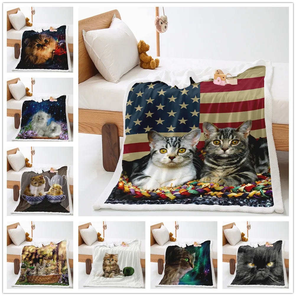 

Cute Cat Sherpa Blanket AnimalFleece Throw Blanket Girls Cartoon Pet Cat Plush Blanket Lightweight Microfiber Fuzzy Blanket