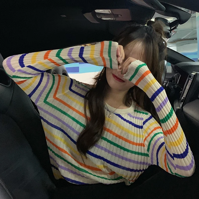 Rainbow Striped Sweater Women Autumn New Slim fit Pullover Sweaters Student Wild Knitted Jumper Top Soft Warm Female | Женская одежда