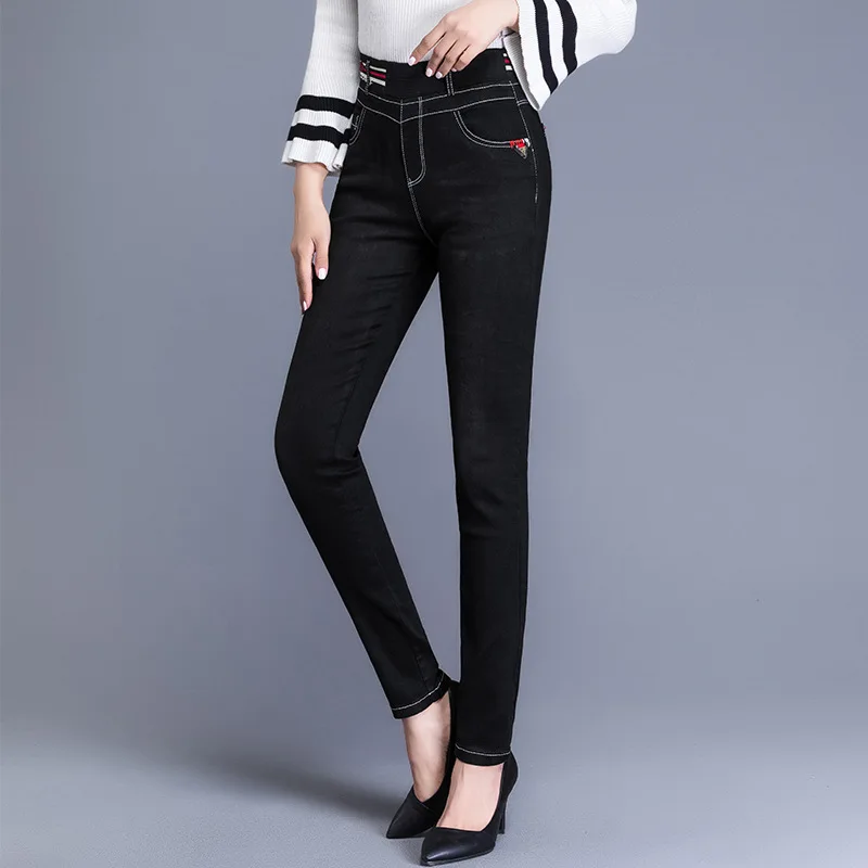 

Large Size Women's Slim Jeans Spring New Elastic Waist Skinny Ladies Pencil Pants High Waist Embroidery Casual Trousers Female