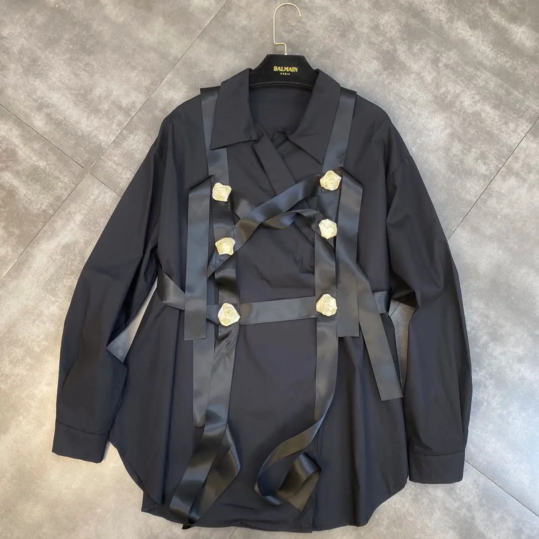 

ZCSMLL 2021 Spring Autumn Lapel Long-sleeved Loose Black Fashion Shirt with Strappy Vest Niche Ins Two-piece Women Tops