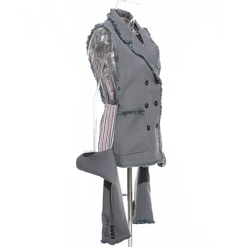 Женский двубортный блейзер с открытыми плечами необработанный бахромой в стиле