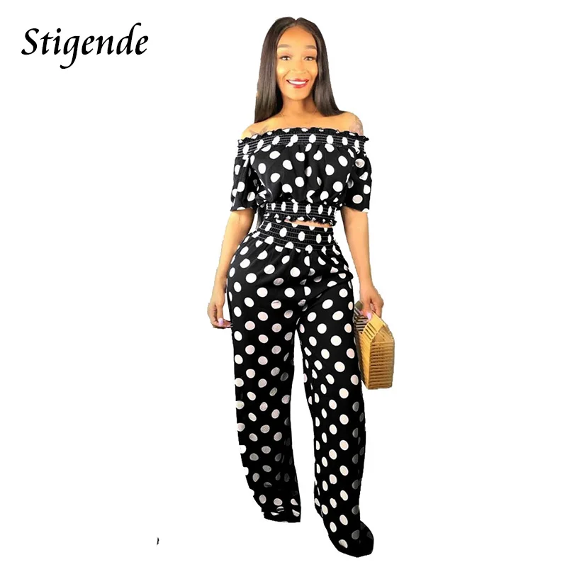 

Stigende Women Summer Polka Dot Two Piece Set Sexy Off Shoulder Elastic Waist Crop Top and Pants Casual Bodycon Outfits