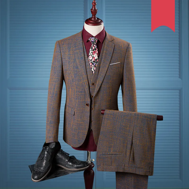 

2021 New Brown Tweed American Homme Mens Suit Single Button Tailor Notch Lapel Checkered Wedding Suits For Men 3Piece 972