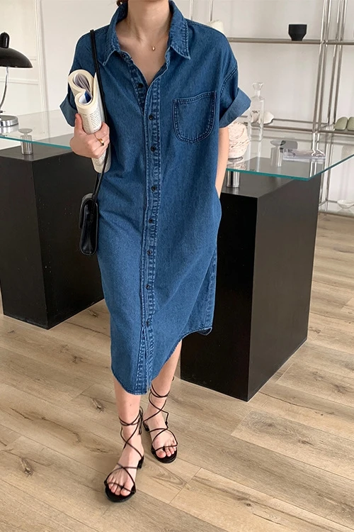 

2020 Summer Loose Denim ShirtDress for Woman Aethetic Vintage Harajuku Long Blue Streetwear Dresses