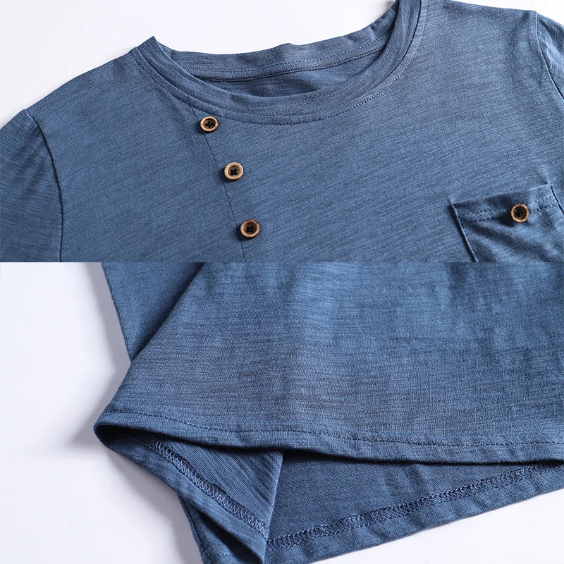 

2021 Spring Buttons Folds Bamboo Cotton T Shirt Women Army Green Loose Long Sleeve O-Neck Tee Pockets Female Blue Plus Size Tops