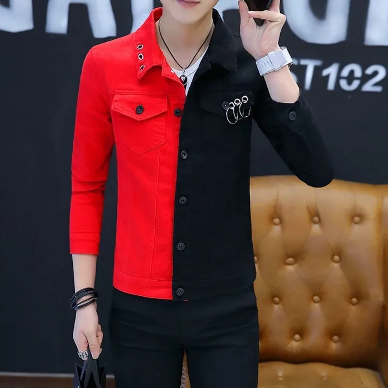 Spring Autumn Personality Mixed Colors Male Denim Jackets Fashion Long Sleeve Punk Style Night Show Wear Slim Casual Mens Coats | Мужская