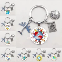 childrens hand in hand world map keychain travel exploration glass dome cabachon aircraft charm pendant keychain mens and wome