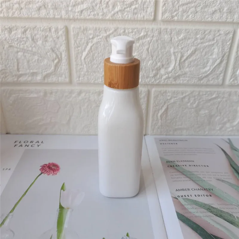 

White Porcelain Luxury Cosmetic Set Square Glass Bottle with Bamboo Cap 40ml 100ml 120ml White Opal Glass Lotion Bottle