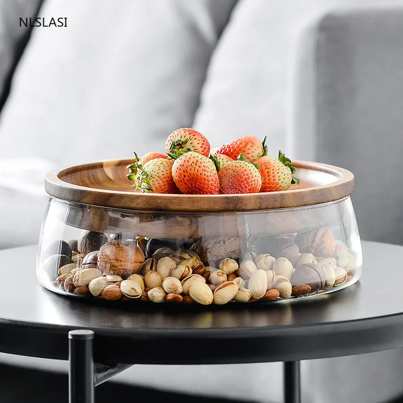 

Glass Fruit Plate Nut Storage Box Double Layer Candy Storage Box Fruit Container with Wooden Lid for Home Kitchen Wooden plate