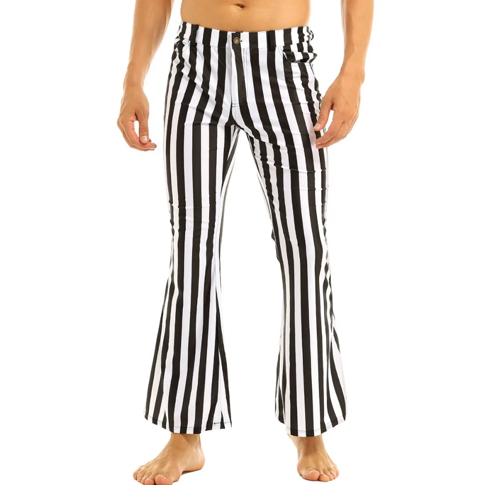 iiniim Mens 60's 70's Retro Vintage Mid Waist Striped Stretch Bell Bottom Super Flares Long Pants Casual Trousers Sexy Panties