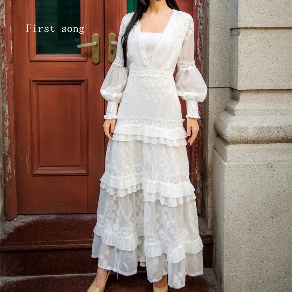 

First song Women's Skinny Net Lace Sexy Dress 2020New Spring Summer V-Neck Long Sleeve White Retro Elegant Women's Long Dress XL