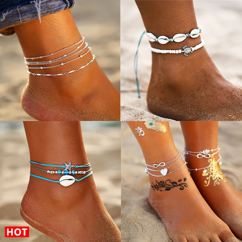

17KM 11 Vintage Anklets Set For Women Shell Moon Star Sun Leg Chain Gold Multilayer Anklet Bracelets 2019 BOHO Jewelry