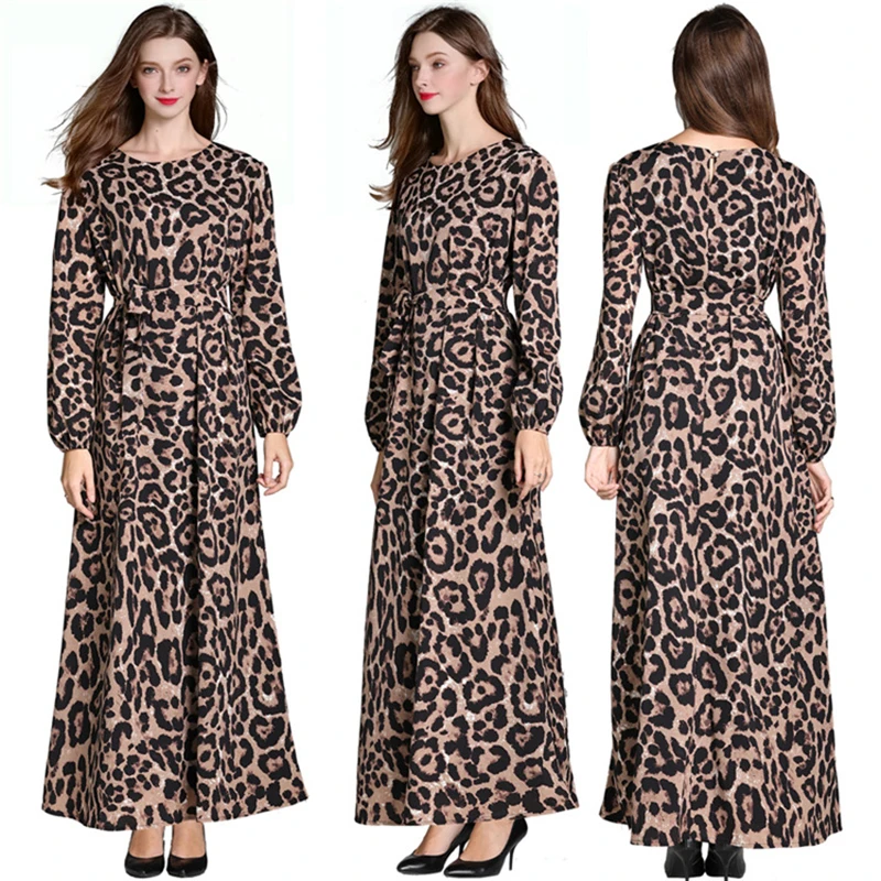 2019 Women Long Muslim Dress Leopard Print Defined Waist Abaya Dresses World Apparel Kaftan Casual Dubai Clothing Plus Size M-XL