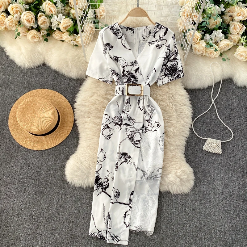 

Casual Women Lace Patchwork Printed Bodycon Dress Ladies Office Elegant V-Neck Short Sleeve High Waist Vestidos With Sashes 2020