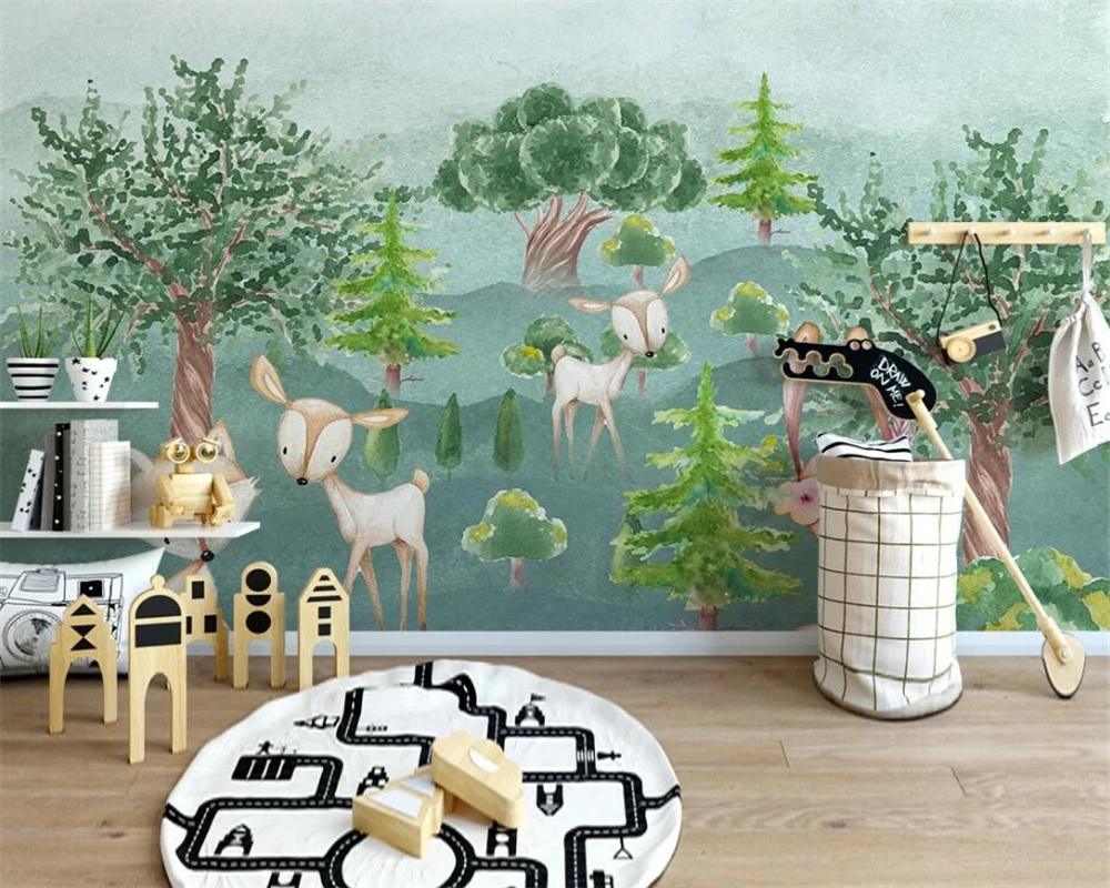 

beibehang Customized modern hand-painted Nordic mountain peak children's room starry sky forest children background wallpaper