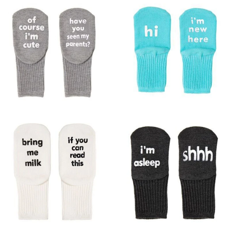 

2 Pairs Newborn Baby Non-Skid Gripper Ankle Socks Cute Funny Sayings Hosiery
