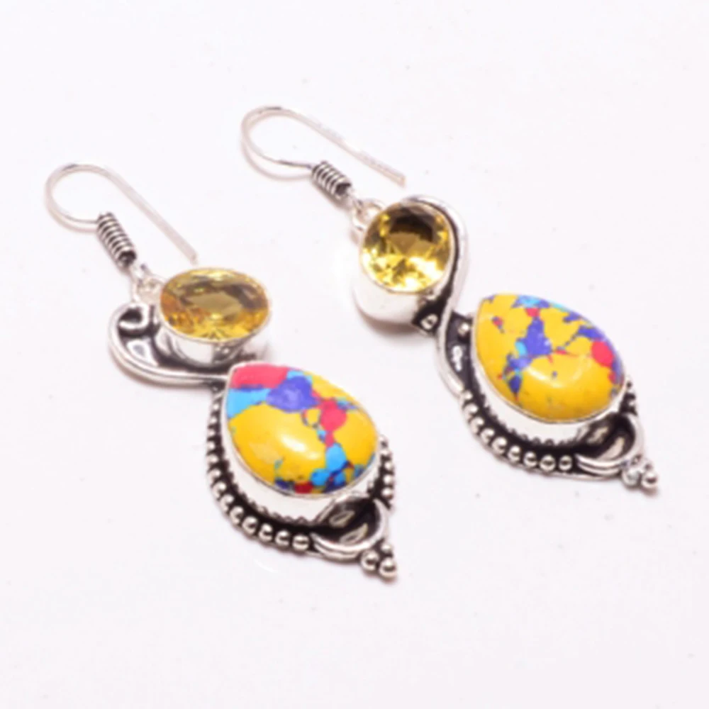 

Genuine Mosaic Jasper + Citrine Silver Overlay on Copper Earrings Hand made Women Jewelry Gift, E5157