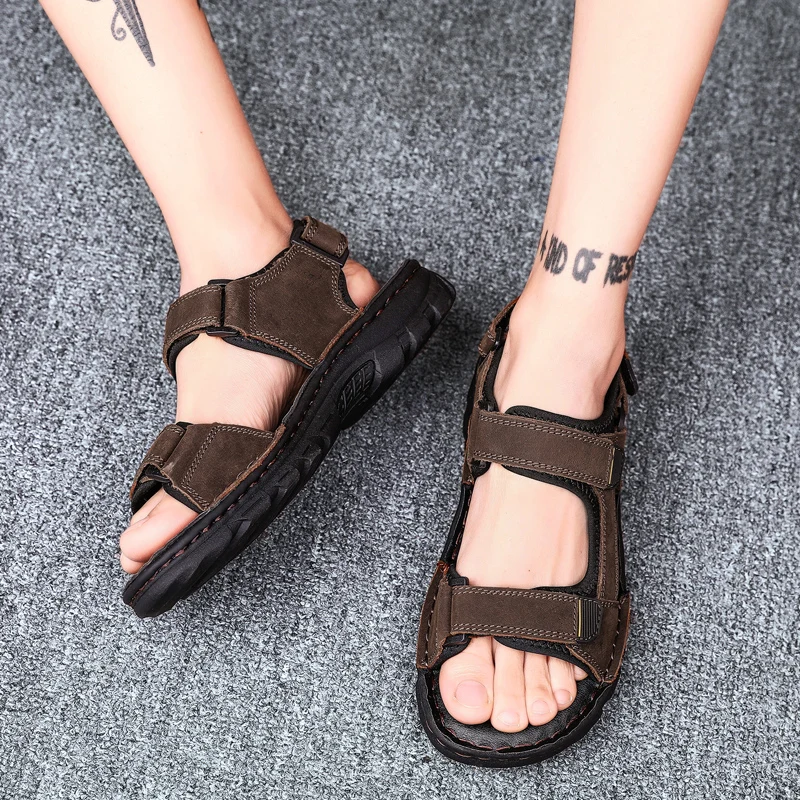 

Mens Sandals genuine Leather Men Summer Shoes beach breathable Flat Beach Sandals outdoor Male Black Shoes 2021 new