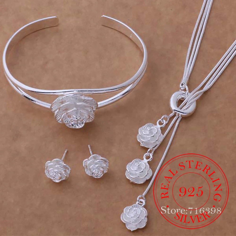 

Fashion Wedding Bridal Jewelry Set 925 Silver Jewelry Rose Flower Necklace Bangles Rings Earrings For Women 4pcs Set Party Gifts
