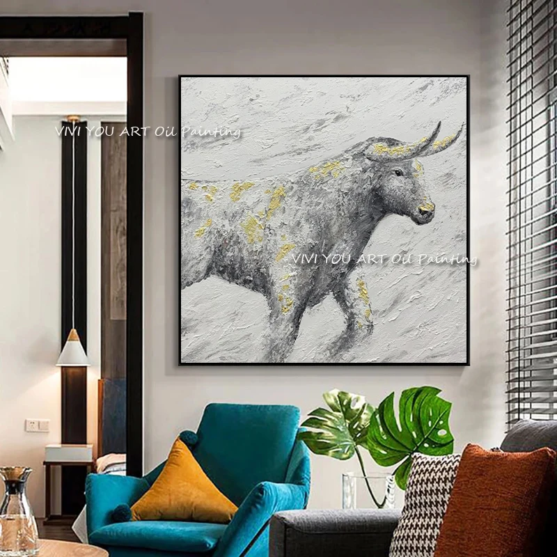 

The Hand-painted Animal Gray Arts Oil Painting Canvas Paintings ForLiving Room Decor Art No Framed Cow Bull Power Nature Graph