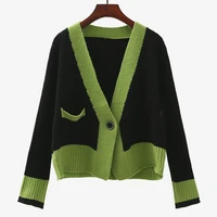 2021 fashion panelled knit short cardigan women autumn loose v neck knitwear crop tops female casual single button cardigan