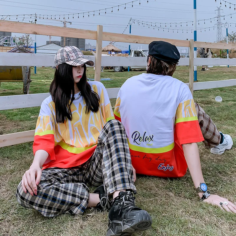 2020 Trendy Design French Fries Print Short Sleeve T-shirt Men Women Summer Couple Hip Hop Street Wear Oversized Top | Мужская одежда