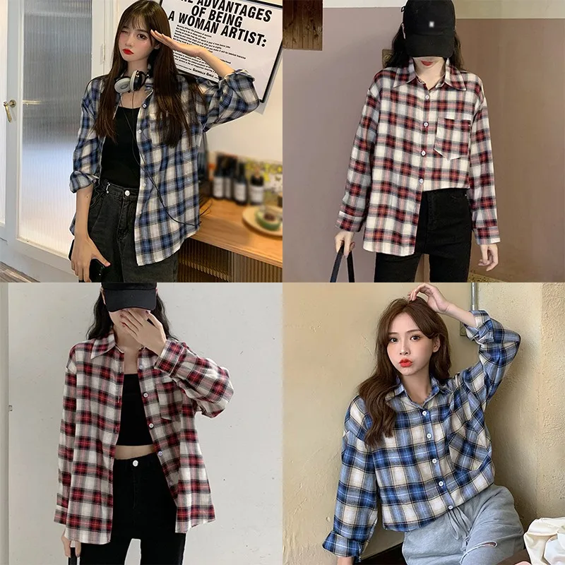 

Women Blouse Plaid BF Style Blouses Loose Casual All-Match Long Sleeve Shirt Top One Size Vetements Femmes