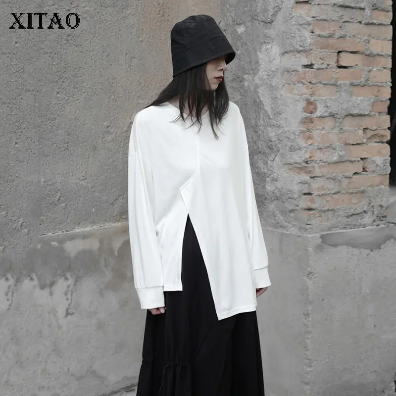 

XITAO, однотонная Асимметричная футболка с разрезом, повседневная, свободная, простая, модная, универсальная, осень 2021, новинка GWJ0203