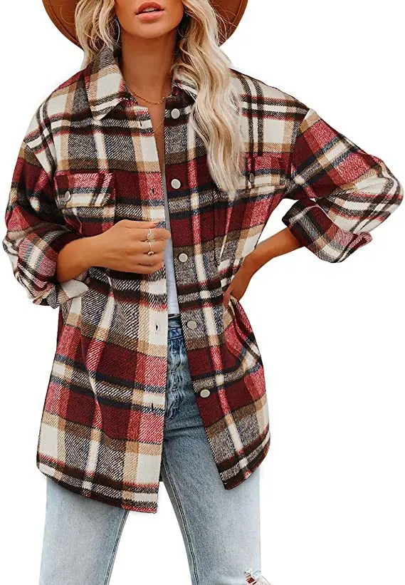 

Women's Plaid Shirt coat 2021 autumn winter new long sleeve loose casual women's woolen coat