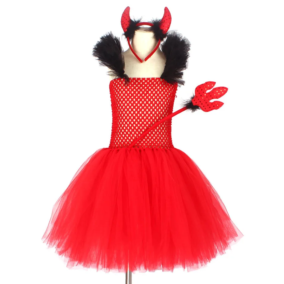 Halloween Costume Dress For Girls Baby Red Devil TUTU with Wing Fancy Dressing Up Girl Cosplay Outfits Ball Gown Photo Props |