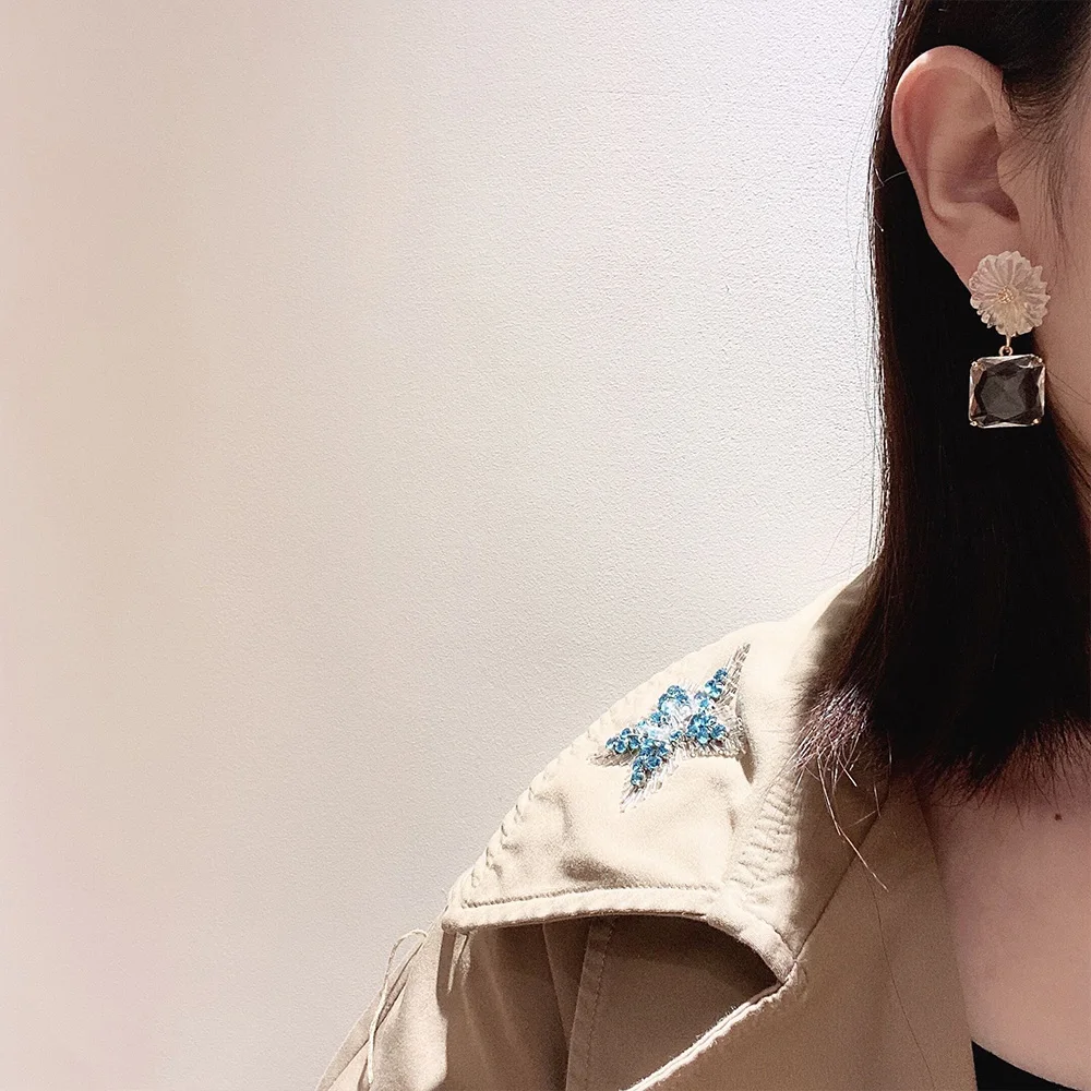 Топ корейские серьги Серебристые геометрические прозрачные квадратные