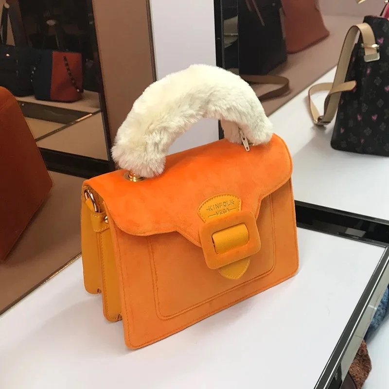 Small orange Зимняя сумочка из рубчатого вельвета для женщин Ретро флеш Топ-ручка сумки-тоут женская сумочка с клапаном через плечо сумки-мессенджеры меховая ручка - Цвет: Small orange